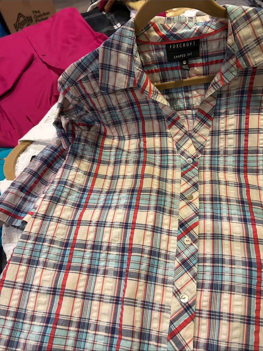Foxcroft Plaid Short-Sleeve Button-Down Shirt in Blue and Red